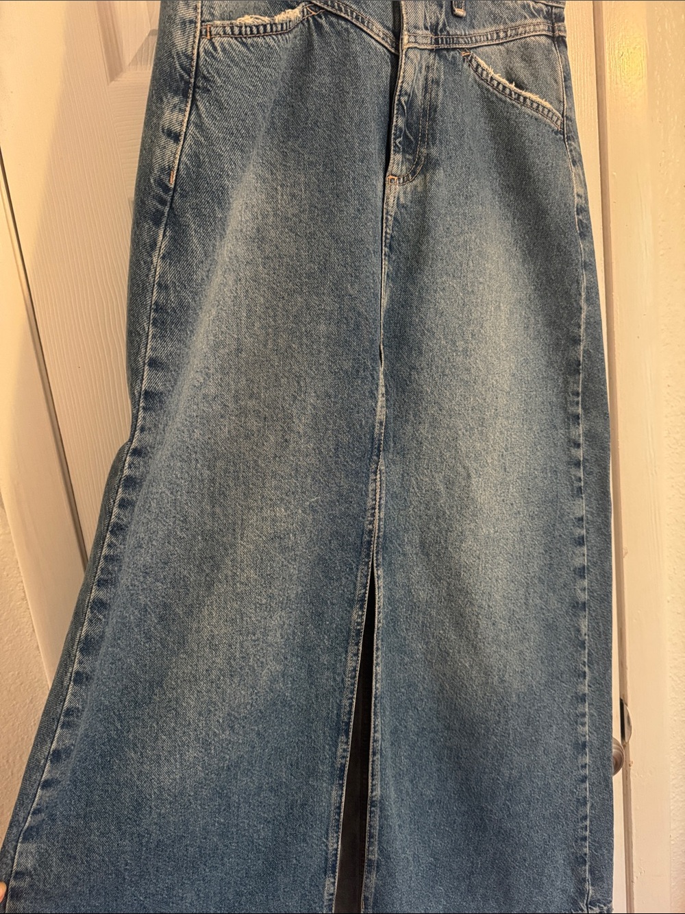 Free People Light Blue Denim Wide-Leg Skirt with Front Slit